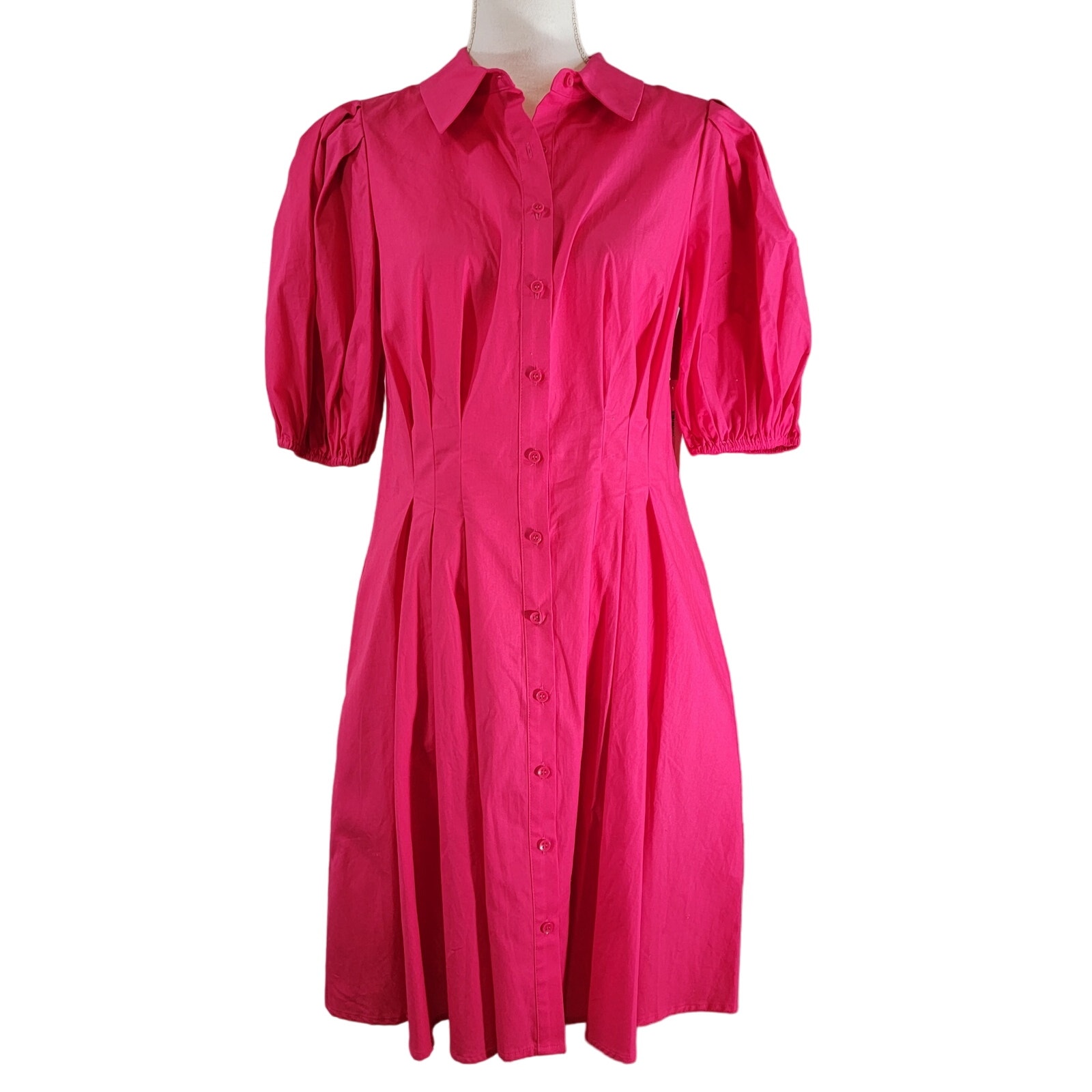 New Eliza J Shirt Dress Button Up Hot Pink 8 Medium Cotton Minimalism Flare Nwt